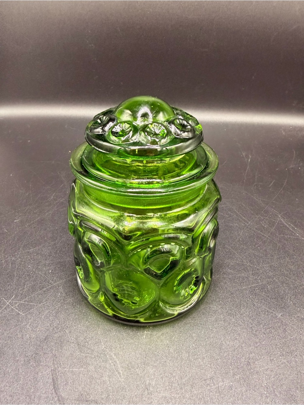 Vintage LE Smith Moon and Stars Green Glass Canister 5" Tall with Lid